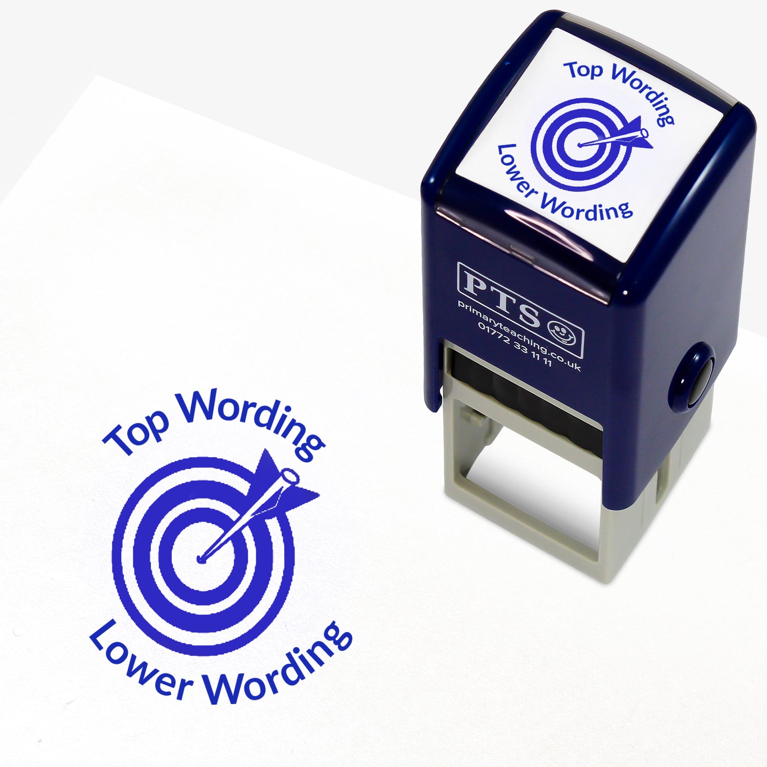 A 25mm round pre-inked teacher stamper with blue ink, featuring a central design of a target with an arrow hitting the bullseye, curving above the target is space for personalisation 'Top Wording' and curving below the target is space for personalisation 'Lower Wording' in a clear, bold font.