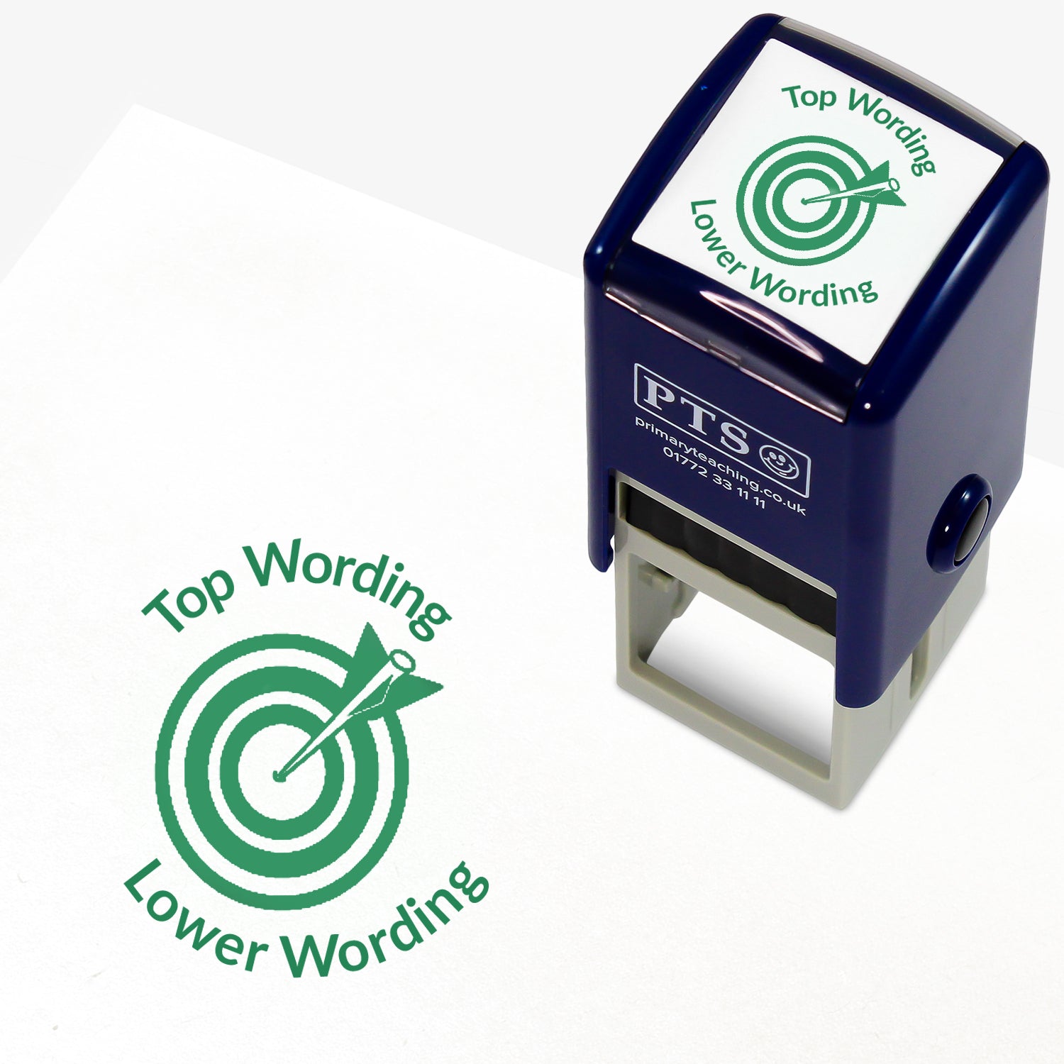 A 25mm round pre-inked teacher stamper with green ink, featuring a central design of a target with an arrow hitting the bullseye, curving above the target is space for personalisation 'Top Wording' and curving below the target is space for personalisation 'Lower Wording' in a clear, bold font.