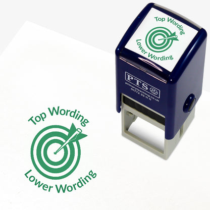 A 25mm round pre-inked teacher stamper with green ink, featuring a central design of a target with an arrow hitting the bullseye, curving above the target is space for personalisation 'Top Wording' and curving below the target is space for personalisation 'Lower Wording' in a clear, bold font.
