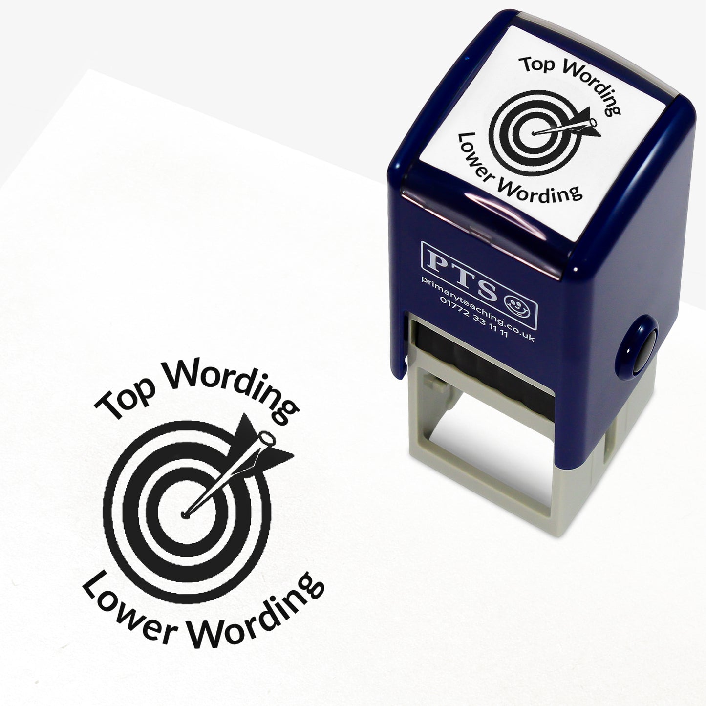 A 25mm round pre-inked teacher stamper with black ink, featuring a central design of a target with an arrow hitting the bullseye, curving above the target is space for personalisation 'Top Wording' and curving below the target is space for personalisation 'Lower Wording' in a clear, bold font.