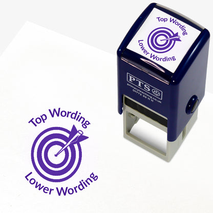 A 25mm round pre-inked teacher stamper with purple ink, featuring a central design of a target with an arrow hitting the bullseye, curving above the target is space for personalisation 'Top Wording' and curving below the target is space for personalisation 'Lower Wording' in a clear, bold font.
