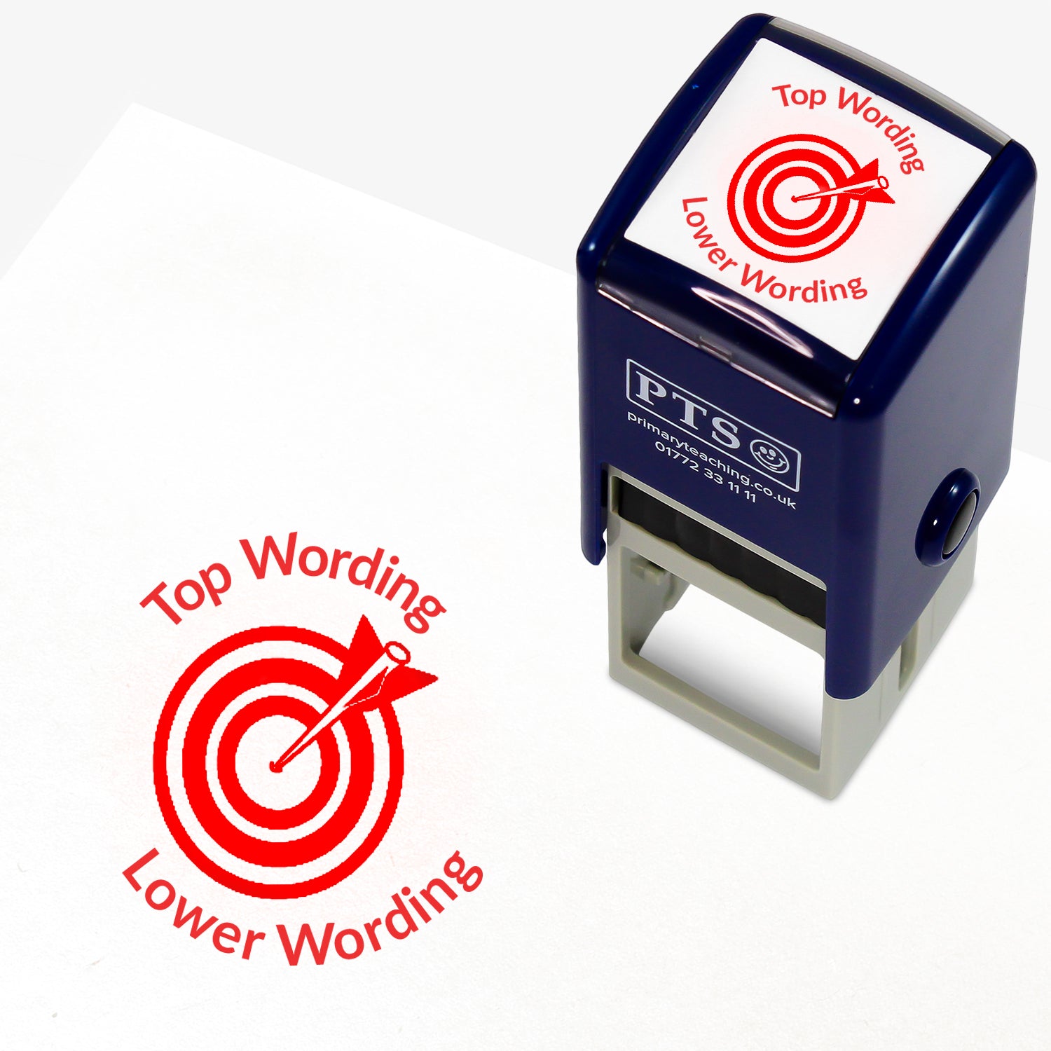 A 25mm round pre-inked teacher stamper with red ink, featuring a central design of a target with an arrow hitting the bullseye, curving above the target is space for personalisation 'Top Wording' and curving below the target is space for personalisation 'Lower Wording' in a clear, bold font.