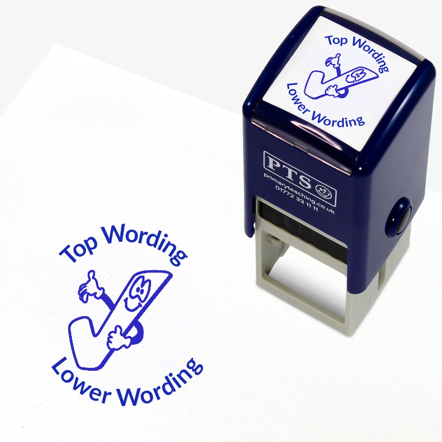 A 25mm round pre-inked teacher stamper with blue ink, featuring a smiling tick icon, curving above the image is space for personalisation 'Top Wording' and curving below the image is space for personalisation 'Lower Wording' in a clear, bold font.