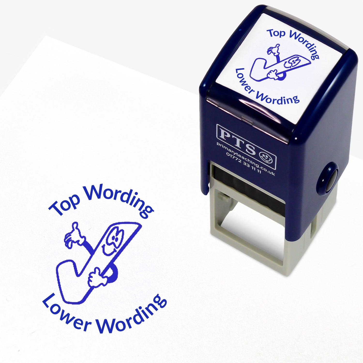 A 25mm round pre-inked teacher stamper with blue ink, featuring a smiling tick icon, curving above the image is space for personalisation 'Top Wording' and curving below the image is space for personalisation 'Lower Wording' in a clear, bold font.