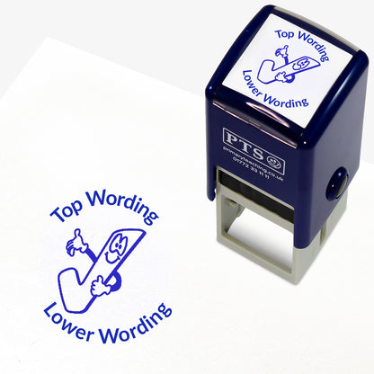 A 25mm round pre-inked teacher stamper with blue ink, featuring a smiling tick icon, curving above the image is space for personalisation 'Top Wording' and curving below the image is space for personalisation 'Lower Wording' in a clear, bold font.