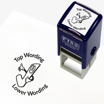 A 25mm round pre-inked teacher stamper with black ink, featuring a smiling tick icon, curving above the image is space for personalisation 'Top Wording' and curving below the image is space for personalisation 'Lower Wording' in a clear, bold font.