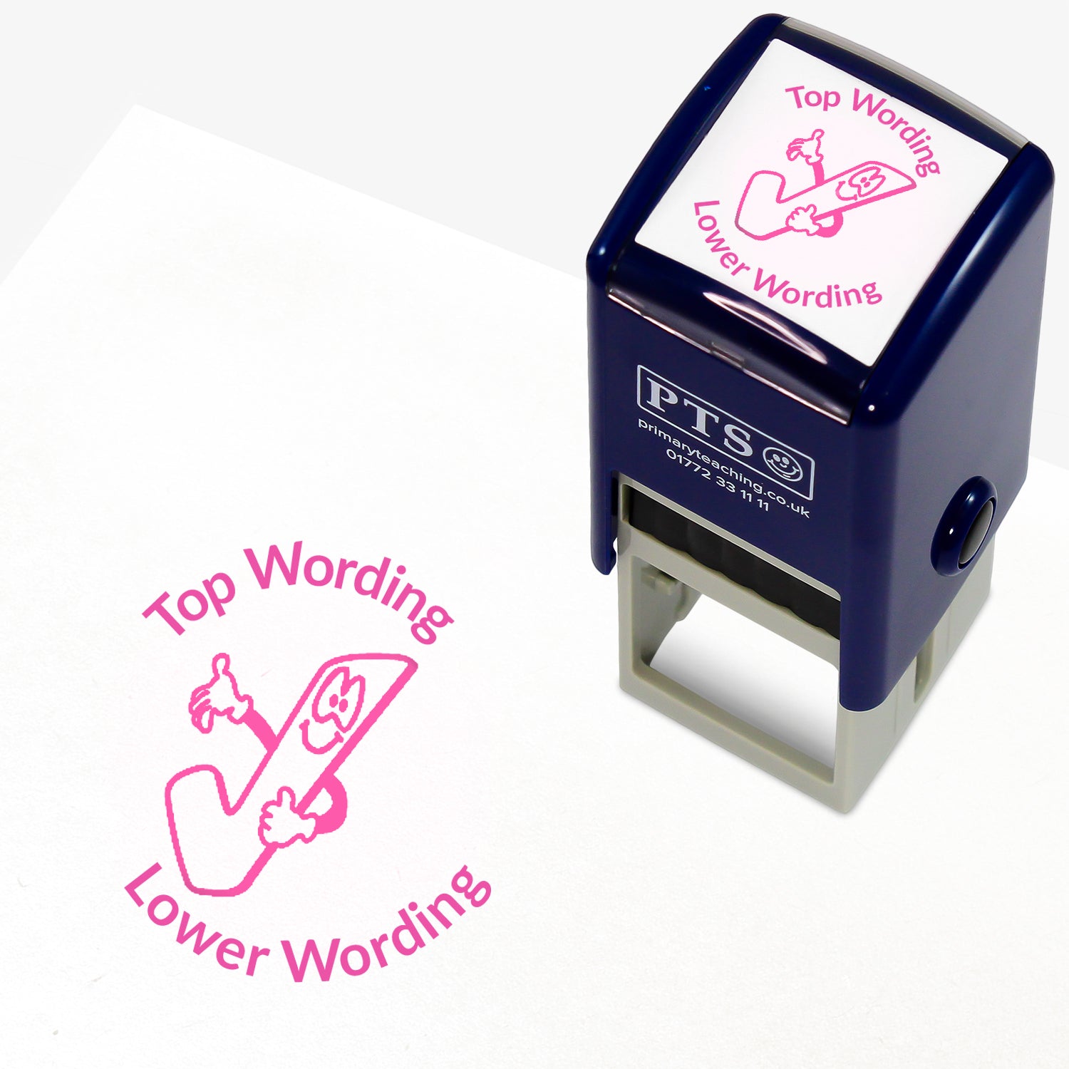 A 25mm round pre-inked teacher stamper with pink ink, featuring a smiling tick icon, curving above the image is space for personalisation 'Top Wording' and curving below the image is space for personalisation 'Lower Wording' in a clear, bold font.
