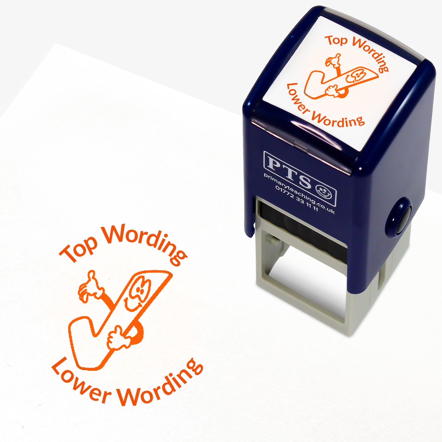 A 25mm round pre-inked teacher stamper with orange ink, featuring a smiling tick icon, curving above the image is space for personalisation 'Top Wording' and curving below the image is space for personalisation 'Lower Wording' in a clear, bold font.