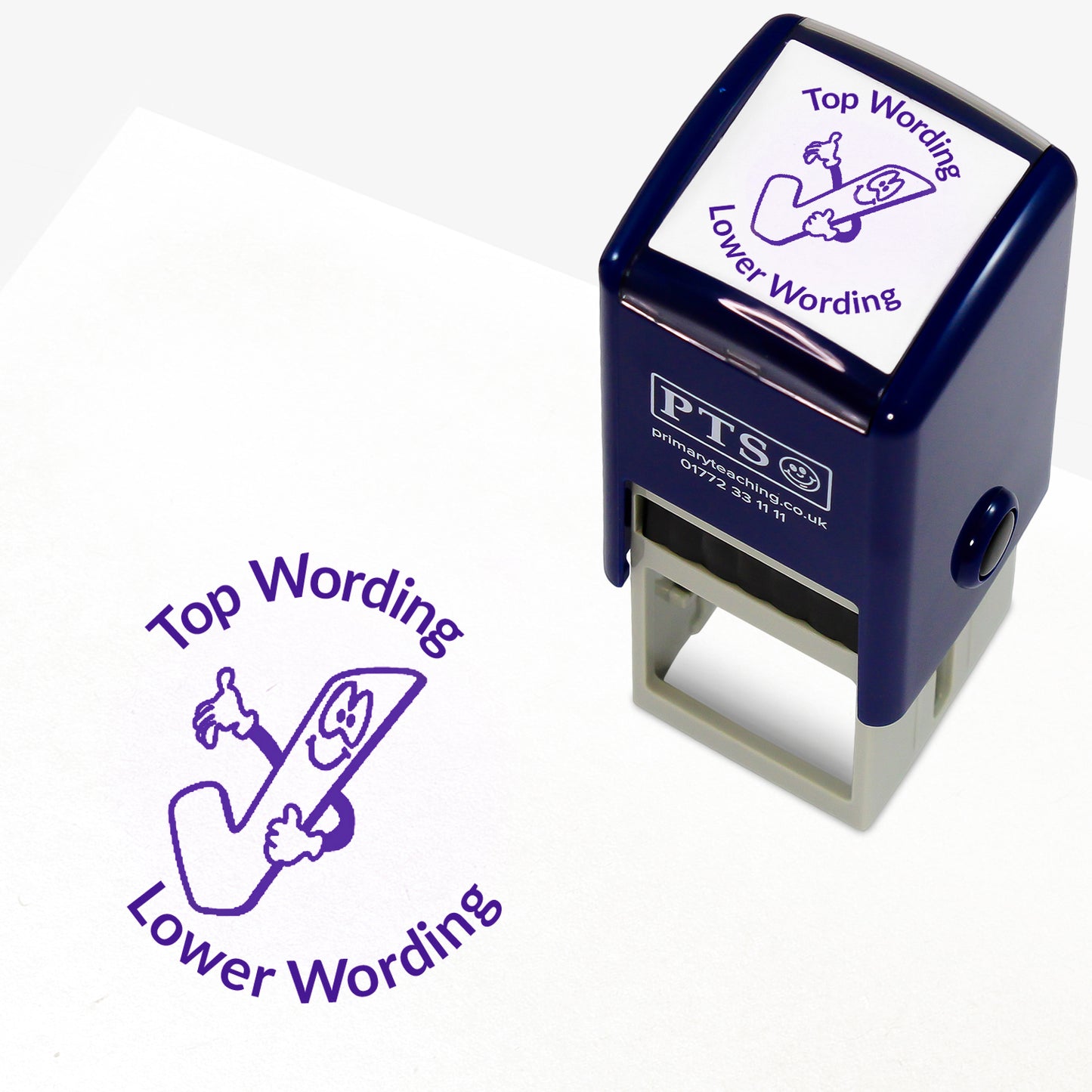 A 25mm round pre-inked teacher stamper with purple ink, featuring a smiling tick icon, curving above the image is space for personalisation 'Top Wording' and curving below the image is space for personalisation 'Lower Wording' in a clear, bold font.