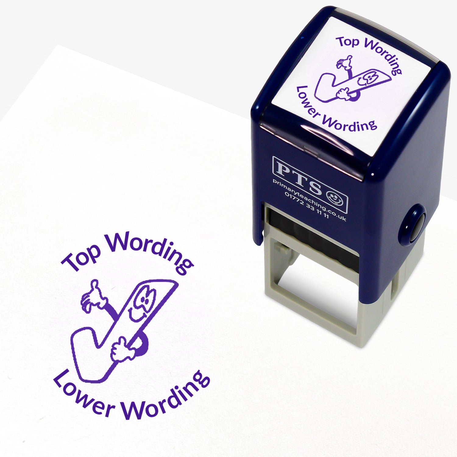 A 25mm round pre-inked teacher stamper with purple ink, featuring a smiling tick icon, curving above the image is space for personalisation 'Top Wording' and curving below the image is space for personalisation 'Lower Wording' in a clear, bold font.