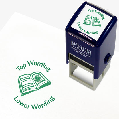A 25mm round pre-inked teacher stamper with green ink, featuring a open book with lines on the left page and a picture of a globe on the right page, curving above the image is space for personalisation 'Top Wording' and curving below the image is space for personalisation 'Lower Wording' in a clear, bold font.