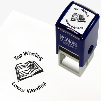 A 25mm round pre-inked teacher stamper with black ink, featuring a open book with lines on the left page and a picture of a globe on the right page, curving above the image is space for personalisation 'Top Wording' and curving below the image is space for personalisation 'Lower Wording' in a clear, bold font.