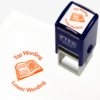 A 25mm round pre-inked teacher stamper with orange ink, featuring a open book with lines on the left page and a picture of a globe on the right page, curving above the image is space for personalisation 'Top Wording' and curving below the image is space for personalisation 'Lower Wording' in a clear, bold font.