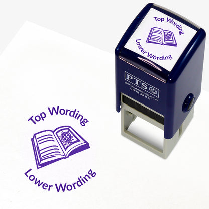 A 25mm round pre-inked teacher stamper with purple ink, featuring a open book with lines on the left page and a picture of a globe on the right page, curving above the image is space for personalisation 'Top Wording' and curving below the image is space for personalisation 'Lower Wording' in a clear, bold font.