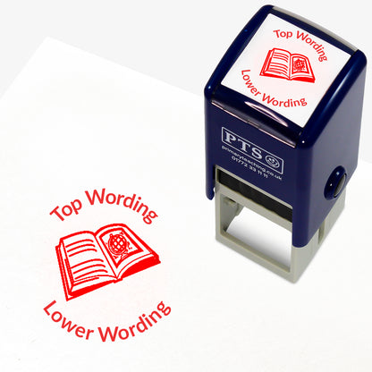 A 25mm round pre-inked teacher stamper with red ink, featuring a open book with lines on the left page and a picture of a globe on the right page, curving above the image is space for personalisation 'Top Wording' and curving below the image is space for personalisation 'Lower Wording' in a clear, bold font.