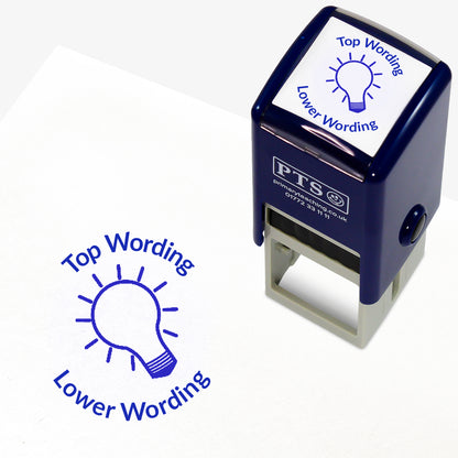 A 25mm round pre-inked teacher stamper with blue ink, featuring the outline of a lightbulb, curving above the image is space for personalisation 'Top Wording' and curving below the image is space for personalisation 'Lower Wording' in a clear, bold font.