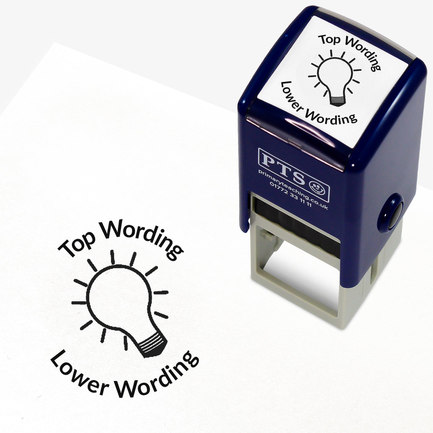 A 25mm round pre-inked teacher stamper with black ink, featuring the outline of a lightbulb, curving above the image is space for personalisation 'Top Wording' and curving below the image is space for personalisation 'Lower Wording' in a clear, bold font.
