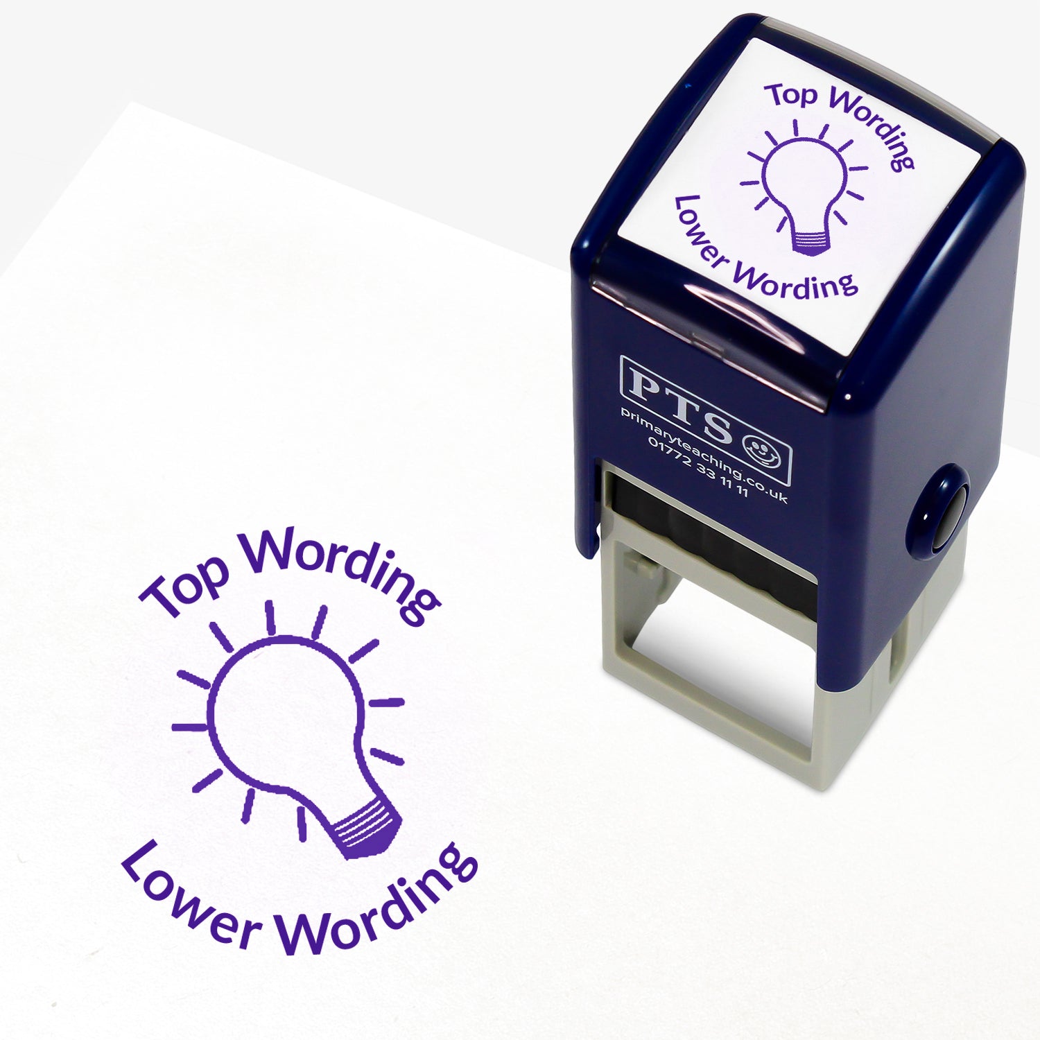A 25mm round pre-inked teacher stamper with purple ink, featuring the outline of a lightbulb, curving above the image is space for personalisation 'Top Wording' and curving below the image is space for personalisation 'Lower Wording' in a clear, bold font.