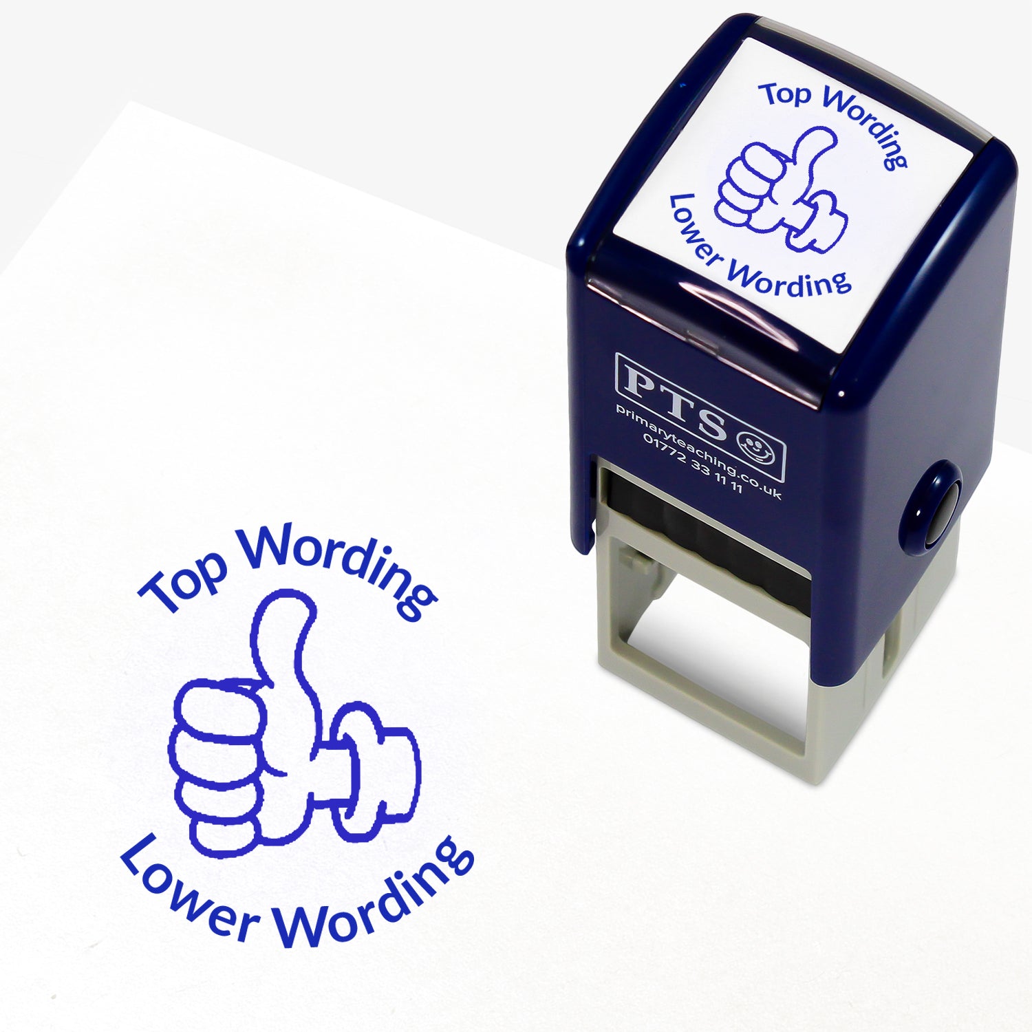 A 25mm round pre-inked teacher stamper with blue ink, featuring a thumbs up icon, curving above the image is space for personalisation 'Top Wording' and curving below the image is space for personalisation 'Lower Wording' in a clear, bold font.