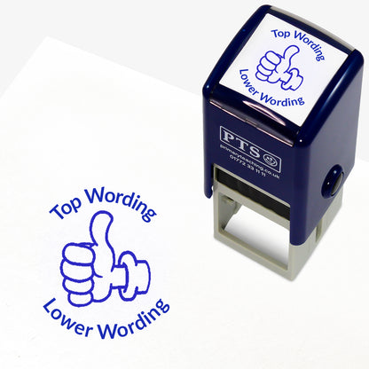 A 25mm round pre-inked teacher stamper with blue ink, featuring a thumbs up icon, curving above the image is space for personalisation 'Top Wording' and curving below the image is space for personalisation 'Lower Wording' in a clear, bold font.