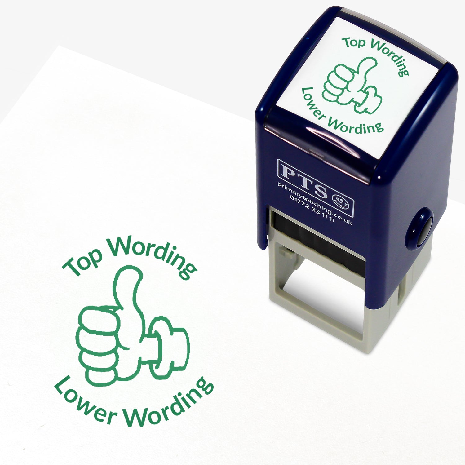 A 25mm round pre-inked teacher stamper with green ink, featuring a thumbs up icon, curving above the image is space for personalisation 'Top Wording' and curving below the image is space for personalisation 'Lower Wording' in a clear, bold font.