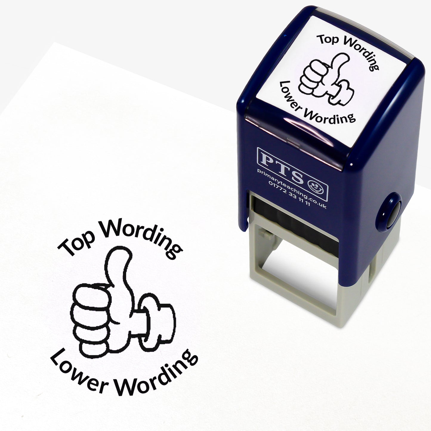 A 25mm round pre-inked teacher stamper with black ink, featuring a thumbs up icon, curving above the image is space for personalisation 'Top Wording' and curving below the image is space for personalisation 'Lower Wording' in a clear, bold font.