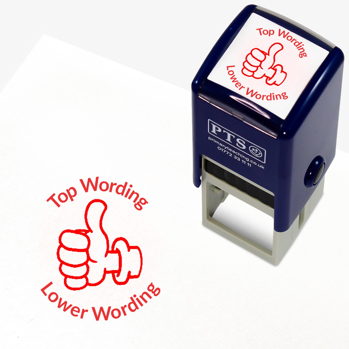 A 25mm round pre-inked teacher stamper with red ink, featuring a thumbs up icon, curving above the image is space for personalisation 'Top Wording' and curving below the image is space for personalisation 'Lower Wording' in a clear, bold font.