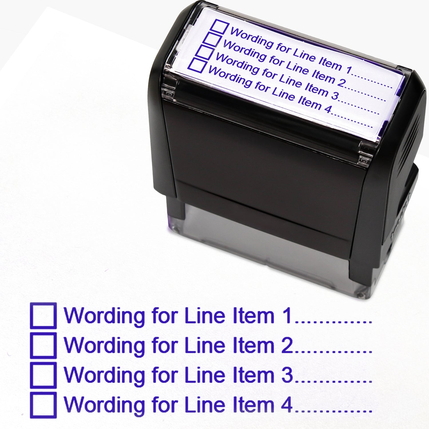 A  self-inking stamp with a customisable label displaying four blue tick boxes, each followed by the placeholder text 'Wording for Line Item 1', 'Line Item 2', 'Line Item 3', and 'Line Item 4', printed in blue with dotted lines. 