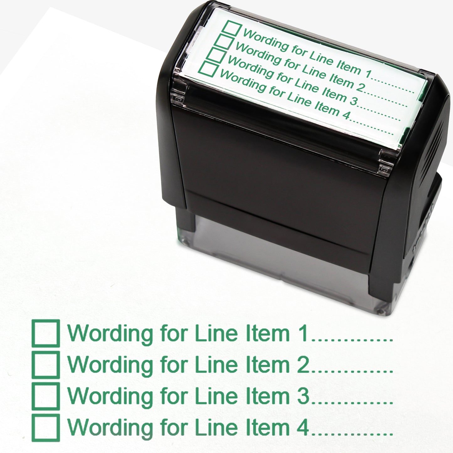 A  self-inking stamp with a customisable label displaying four green tick boxes, each followed by the placeholder text 'Wording for Line Item 1', 'Line Item 2', 'Line Item 3', and 'Line Item 4', printed in green with dotted lines. 