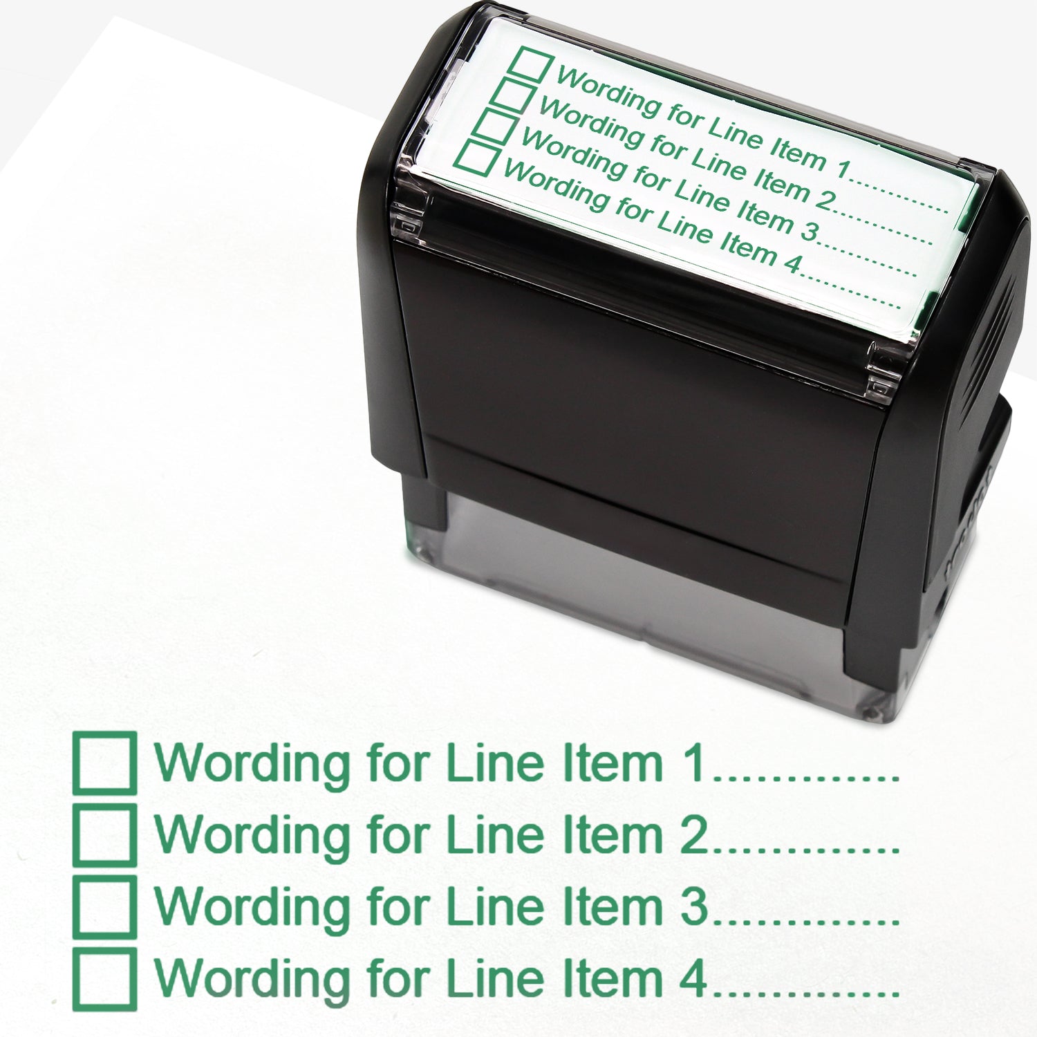 A  self-inking stamp with a customisable label displaying four green tick boxes, each followed by the placeholder text 'Wording for Line Item 1', 'Line Item 2', 'Line Item 3', and 'Line Item 4', printed in green with dotted lines. 
