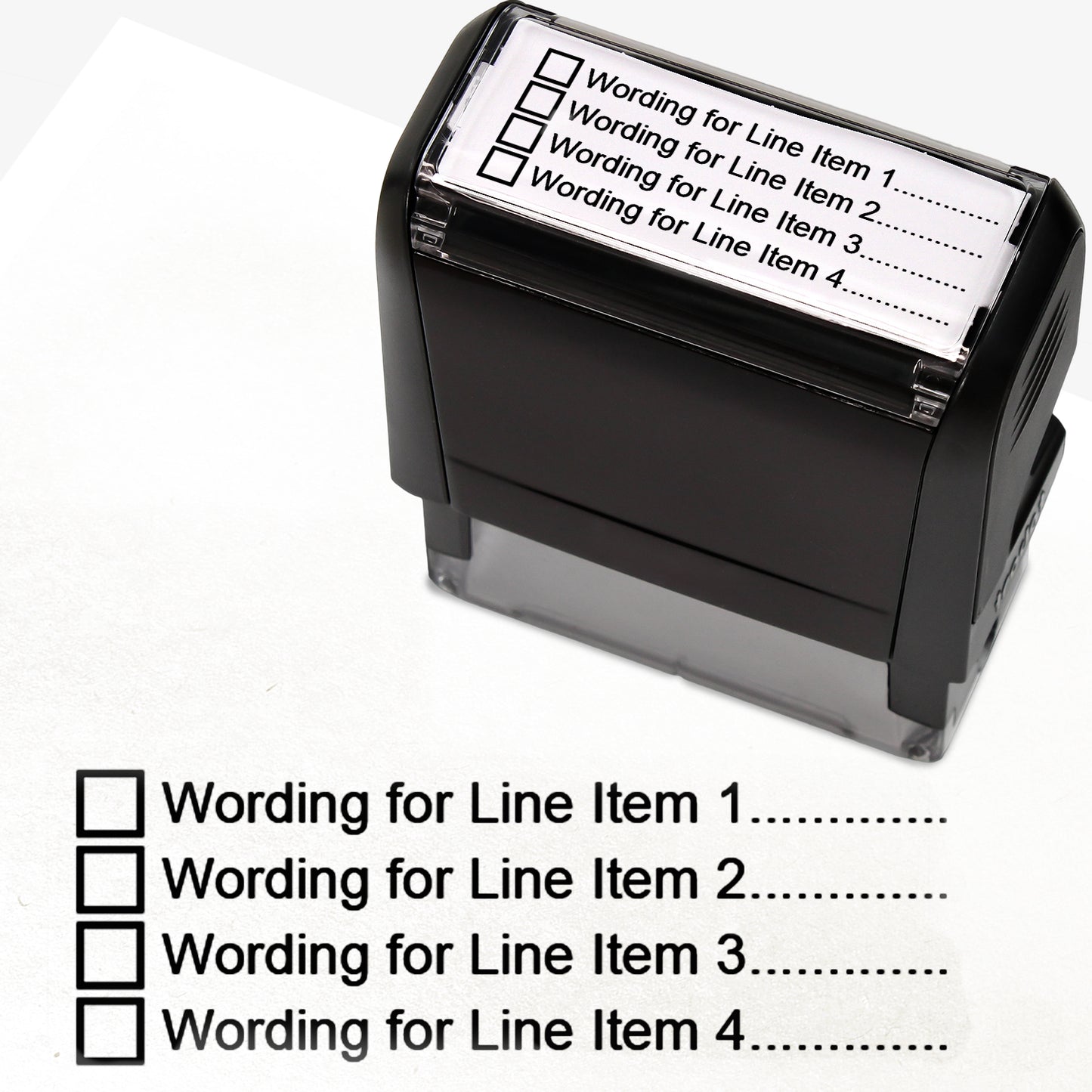 A  self-inking stamp with a customisable label displaying four black tick boxes, each followed by the placeholder text 'Wording for Line Item 1', 'Line Item 2', 'Line Item 3', and 'Line Item 4', printed in black with dotted lines. 