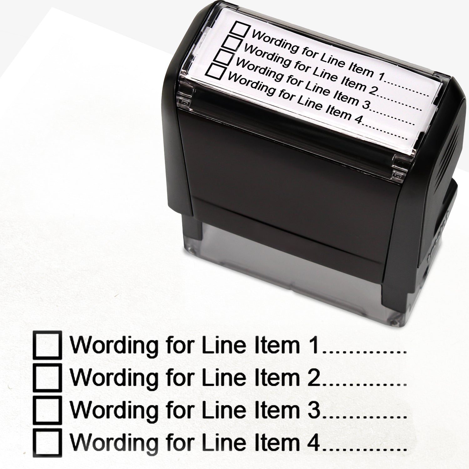 A  self-inking stamp with a customisable label displaying four black tick boxes, each followed by the placeholder text 'Wording for Line Item 1', 'Line Item 2', 'Line Item 3', and 'Line Item 4', printed in black with dotted lines. 