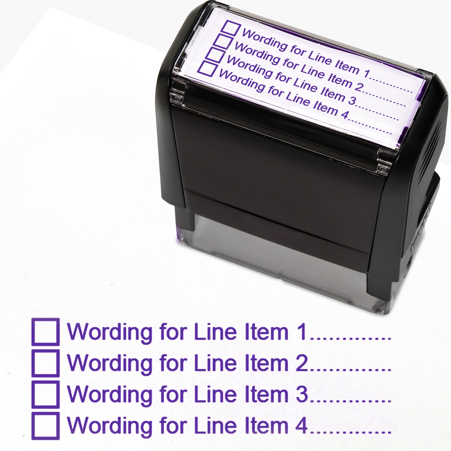 A  self-inking stamp with a customisable label displaying four purple tick boxes, each followed by the placeholder text 'Wording for Line Item 1', 'Line Item 2', 'Line Item 3', and 'Line Item 4', printed in purple with dotted lines. 