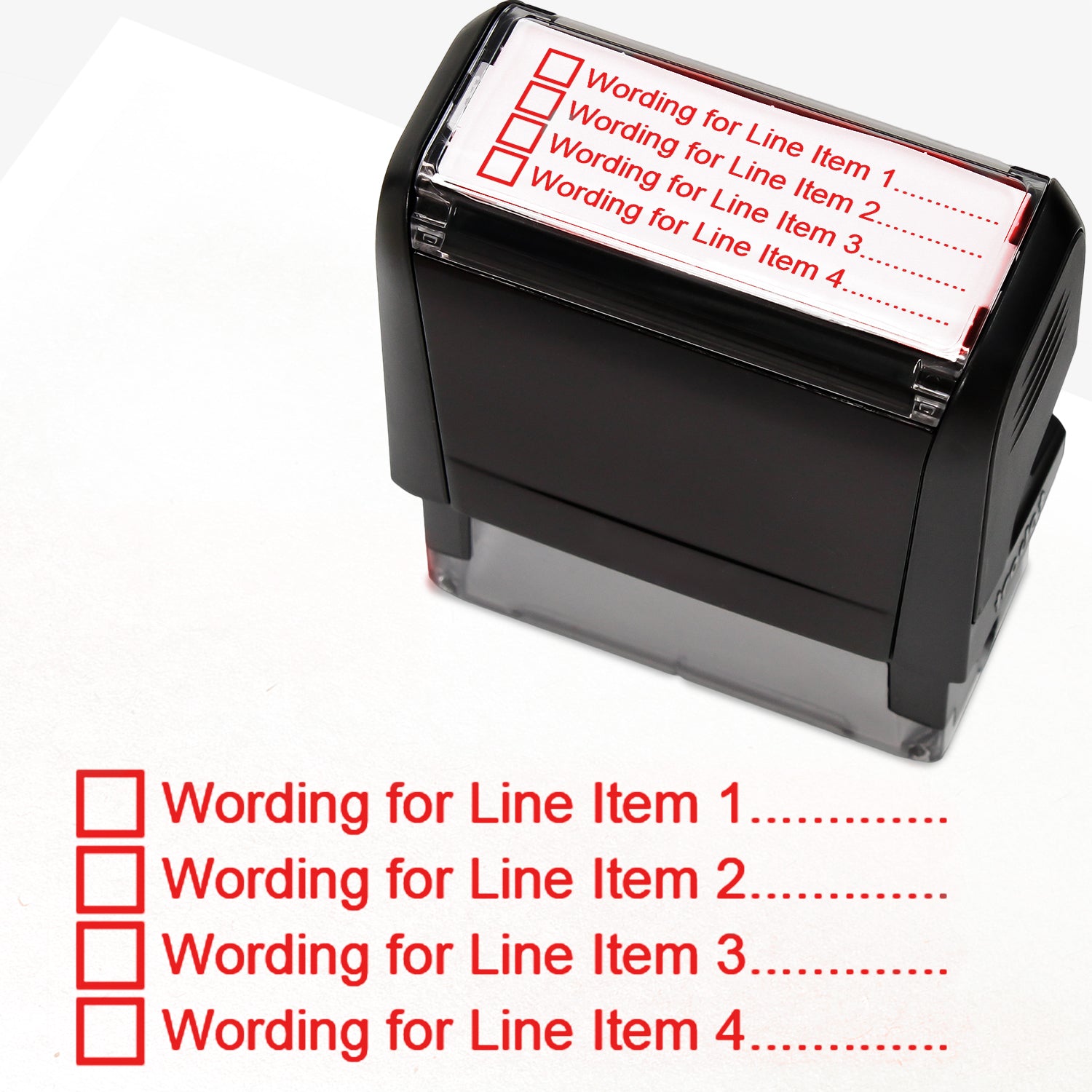 A  self-inking stamp with a customisable label displaying four red tick boxes, each followed by the placeholder text 'Wording for Line Item 1', 'Line Item 2', 'Line Item 3', and 'Line Item 4', printed in red with dotted lines. 