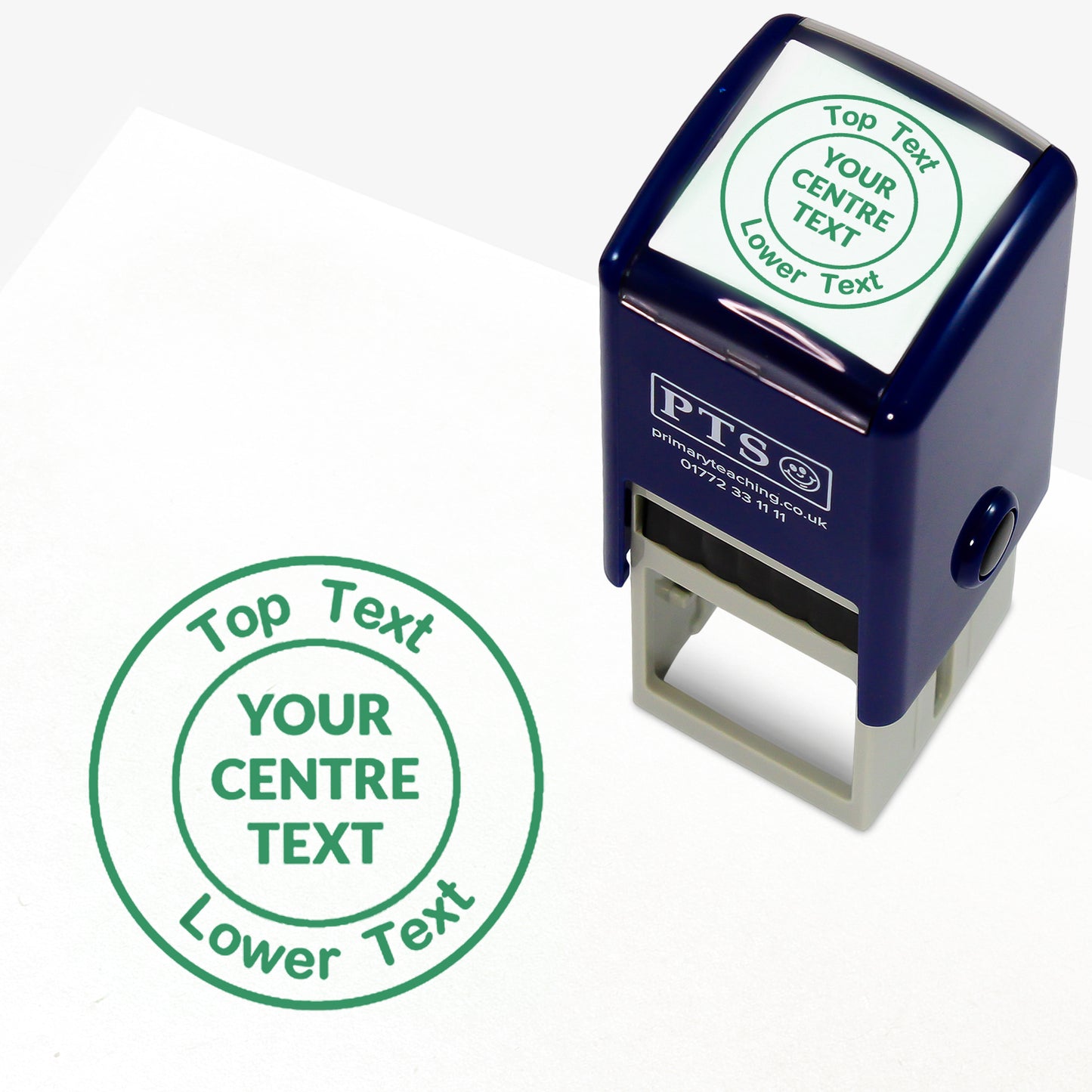 A 25mm round pre-inked  stamper with green ink, featuring a centre circle within which the wording is 'YOUR CENTRE TEXT' and the outer circle curving above the text is space for further personalisation 'Top Text' and curving below 'Lower Text' in a clear, bold font.