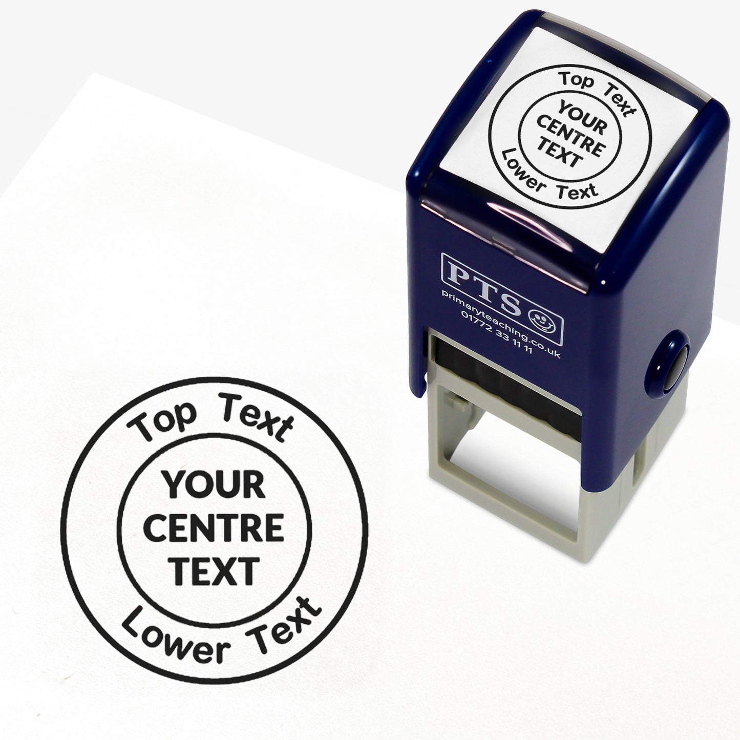 A 25mm round pre-inked  stamper with black ink, featuring a centre circle within which the wording is 'YOUR CENTRE TEXT' and the outer circle curving above the text is space for further personalisation 'Top Text' and curving below 'Lower Text' in a clear, bold font.