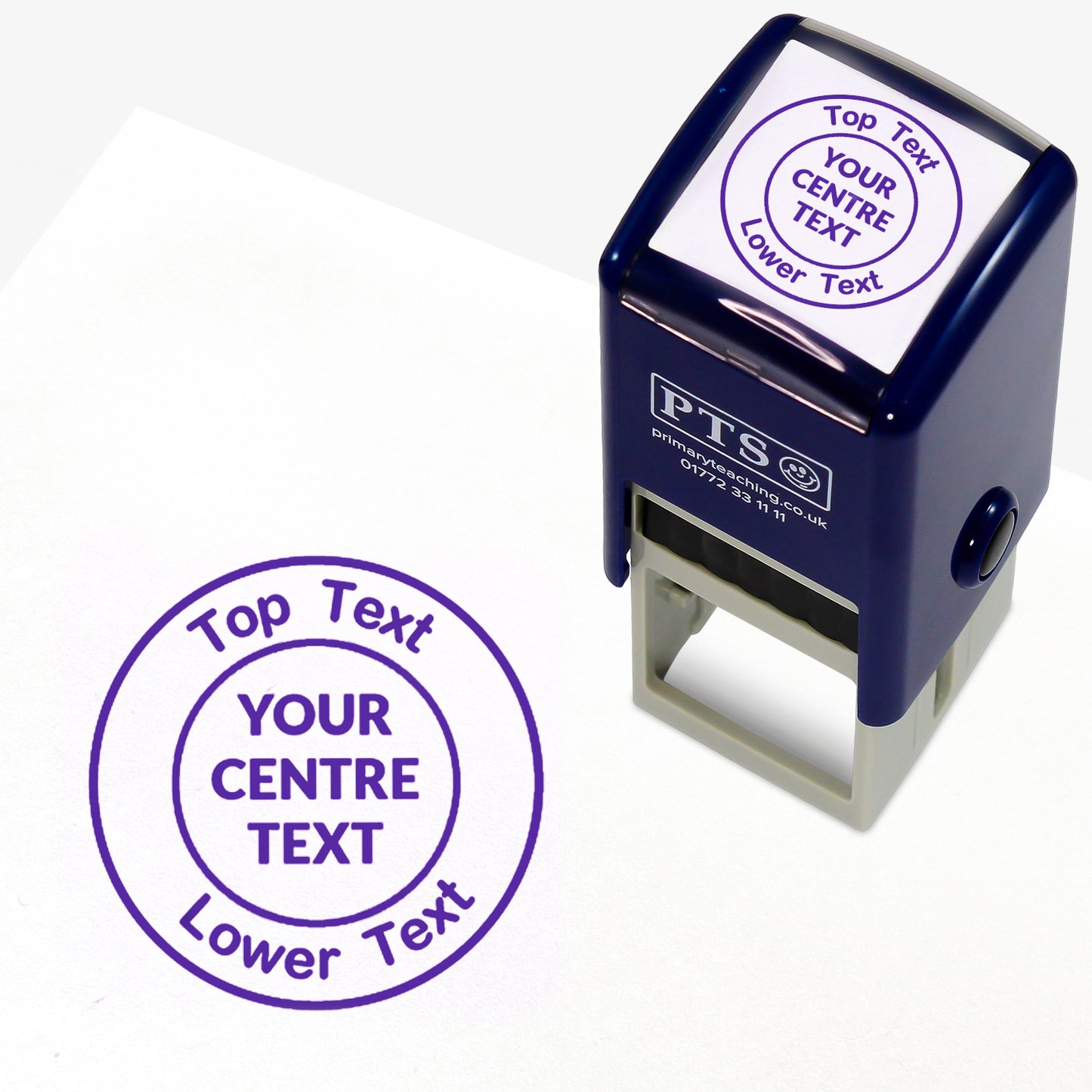 A 25mm round pre-inked  stamper with purple ink, featuring a centre circle within which the wording is 'YOUR CENTRE TEXT' and the outer circle curving above the text is space for further personalisation 'Top Text' and curving below 'Lower Text' in a clear, bold font.