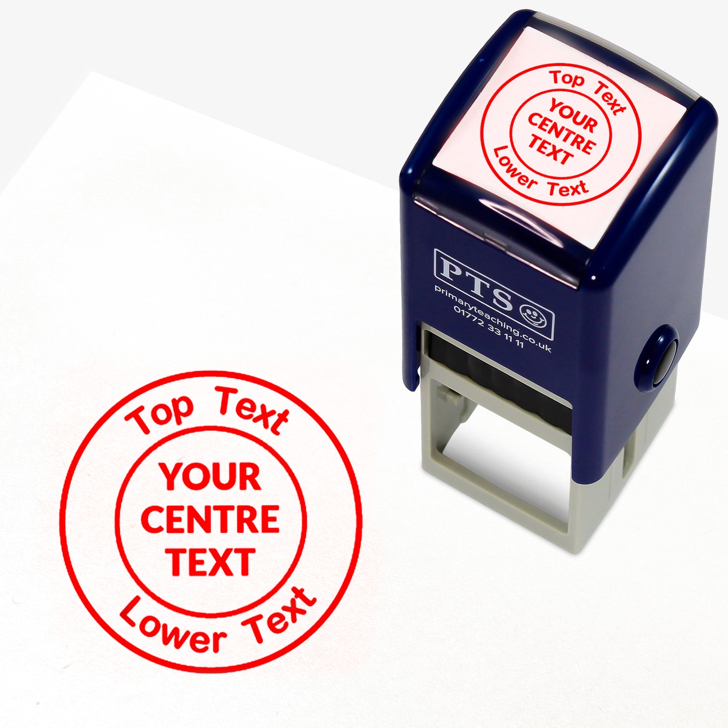 A 25mm round pre-inked  stamper with red ink, featuring a centre circle within which the wording is 'YOUR CENTRE TEXT' and the outer circle curving above the text is space for further personalisation 'Top Text' and curving below 'Lower Text' in a clear, bold font.
