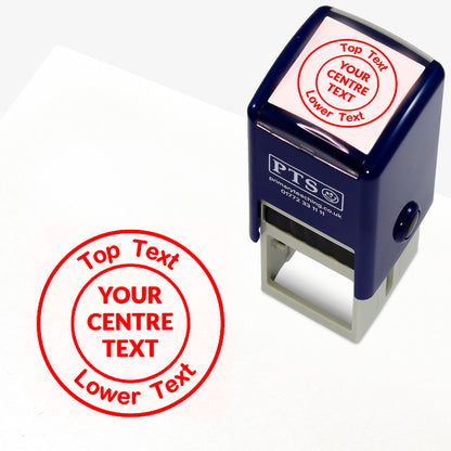 A 25mm round pre-inked  stamper with red ink, featuring a centre circle within which the wording is 'YOUR CENTRE TEXT' and the outer circle curving above the text is space for further personalisation 'Top Text' and curving below 'Lower Text' in a clear, bold font.