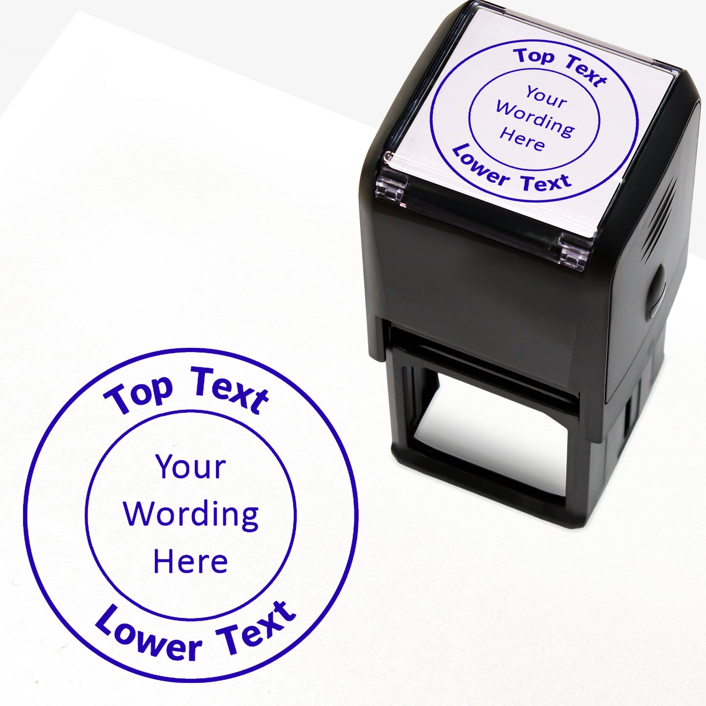 A 40mm round pre-inked  stamper with blue ink, featuring a centre circle within which the wording is 'YOUR CENTRE TEXT' and the outer circle curving above the text is space for further personalisation 'Top Text' and curving below 'Lower Text' in a clear, bold font.