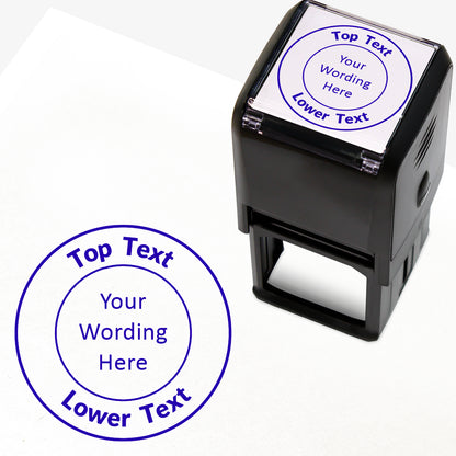 A 40mm round pre-inked  stamper with blue ink, featuring a centre circle within which the wording is 'YOUR CENTRE TEXT' and the outer circle curving above the text is space for further personalisation 'Top Text' and curving below 'Lower Text' in a clear, bold font.