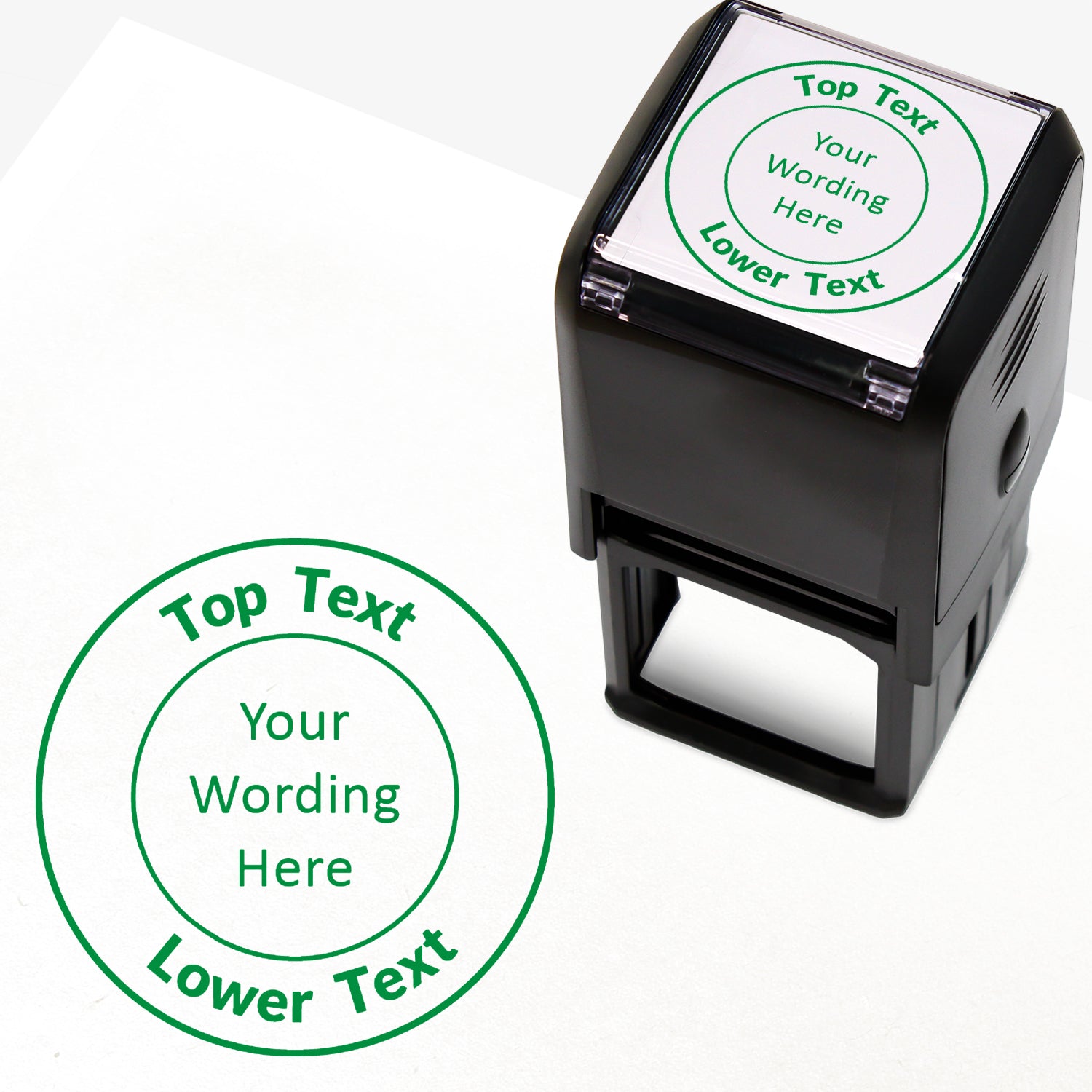 A 40mm round pre-inked  stamper with green ink, featuring a centre circle within which the wording is 'YOUR CENTRE TEXT' and the outer circle curving above the text is space for further personalisation 'Top Text' and curving below 'Lower Text' in a clear, bold font.