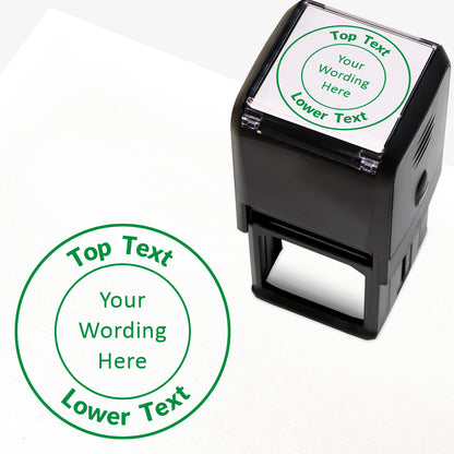 A 40mm round pre-inked  stamper with green ink, featuring a centre circle within which the wording is 'YOUR CENTRE TEXT' and the outer circle curving above the text is space for further personalisation 'Top Text' and curving below 'Lower Text' in a clear, bold font.
