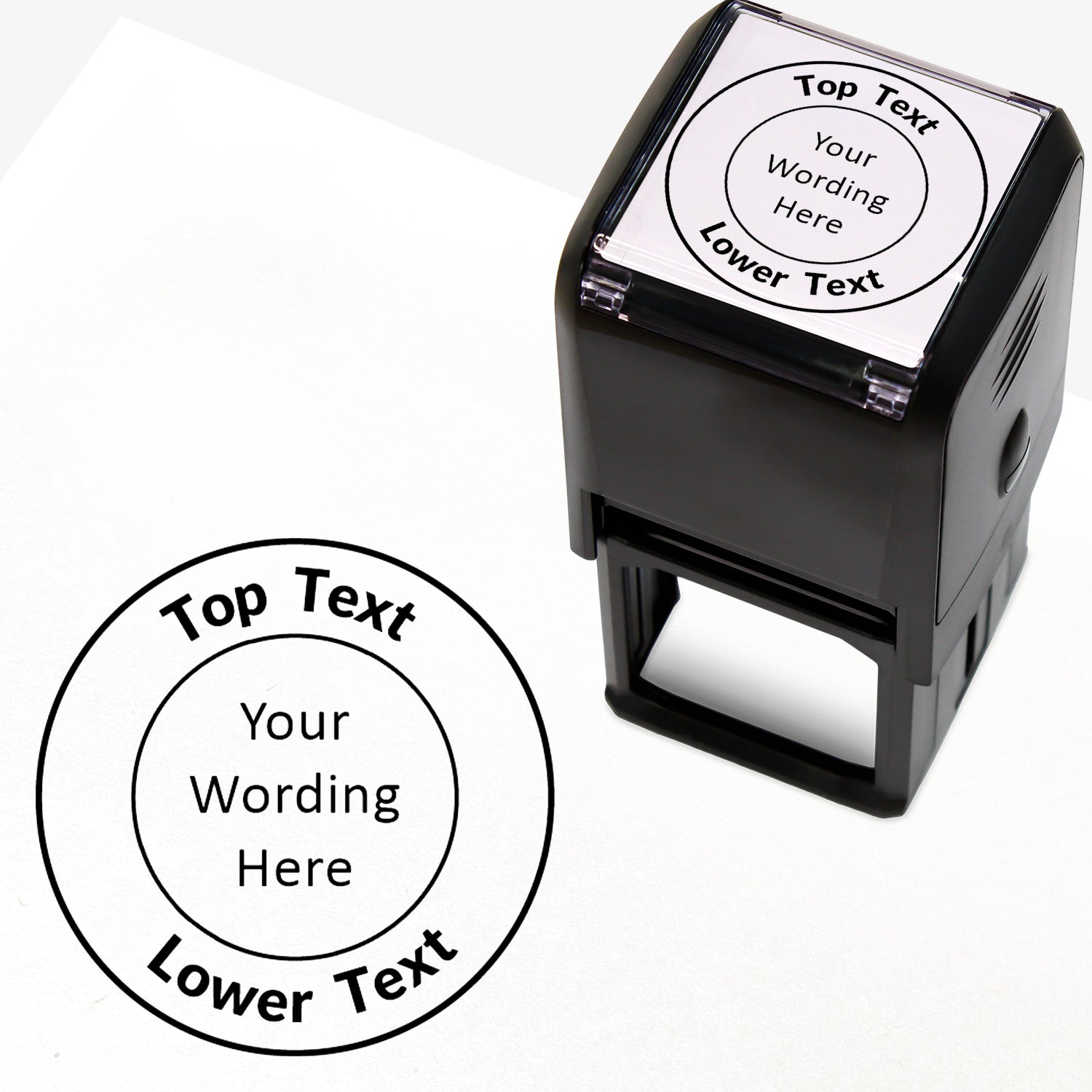 A 40mm round pre-inked  stamper with black ink, featuring a centre circle within which the wording is 'YOUR CENTRE TEXT' and the outer circle curving above the text is space for further personalisation 'Top Text' and curving below 'Lower Text' in a clear, bold font.