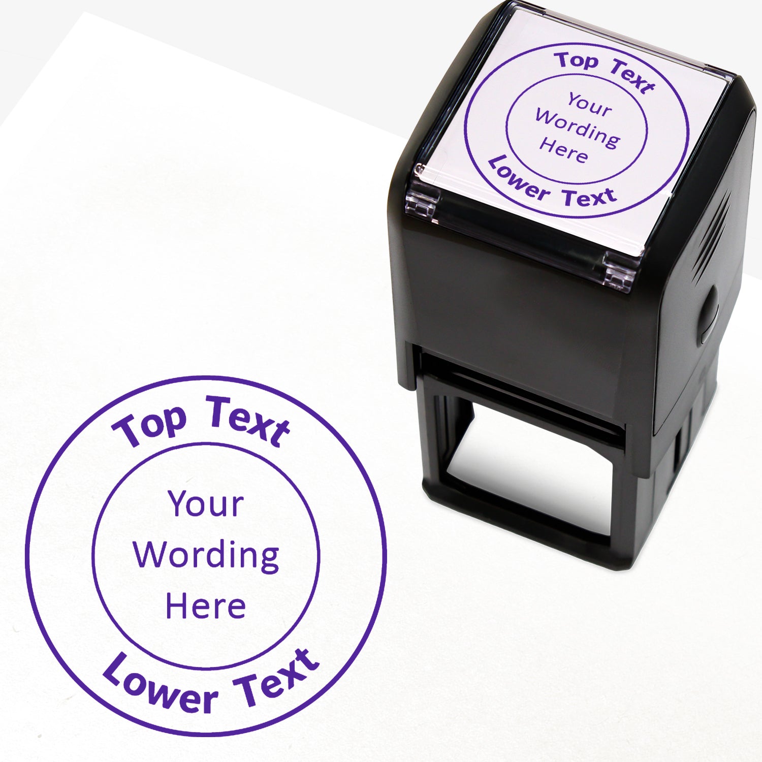 A 40mm round pre-inked  stamper with purple ink, featuring a centre circle within which the wording is 'YOUR CENTRE TEXT' and the outer circle curving above the text is space for further personalisation 'Top Text' and curving below 'Lower Text' in a clear, bold font.