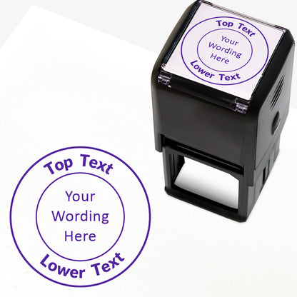 A 40mm round pre-inked  stamper with purple ink, featuring a centre circle within which the wording is 'YOUR CENTRE TEXT' and the outer circle curving above the text is space for further personalisation 'Top Text' and curving below 'Lower Text' in a clear, bold font.