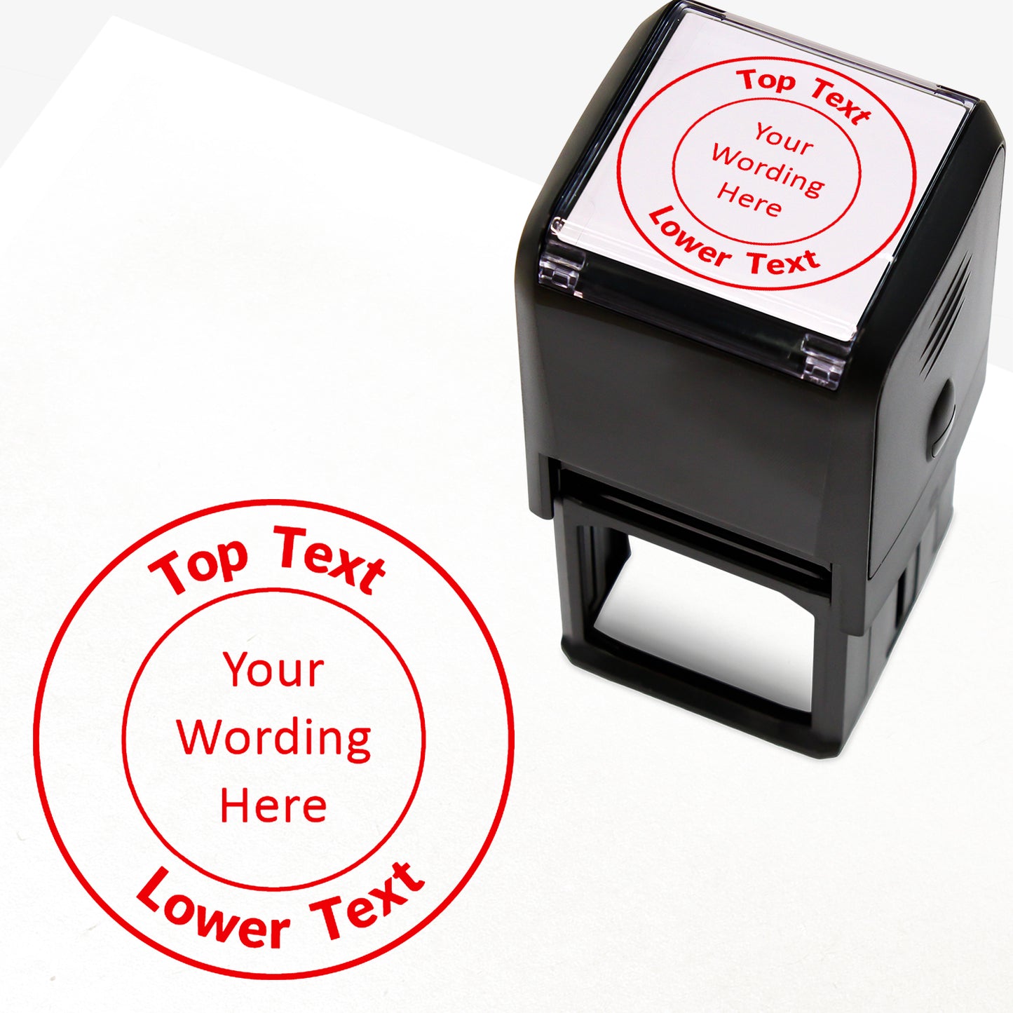 A 40mm round pre-inked  stamper with red ink, featuring a centre circle within which the wording is 'YOUR CENTRE TEXT' and the outer circle curving above the text is space for further personalisation 'Top Text' and curving below 'Lower Text' in a clear, bold font.