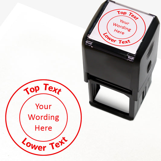 A 40mm round pre-inked  stamper with red ink, featuring a centre circle within which the wording is 'YOUR CENTRE TEXT' and the outer circle curving above the text is space for further personalisation 'Top Text' and curving below 'Lower Text' in a clear, bold font.
