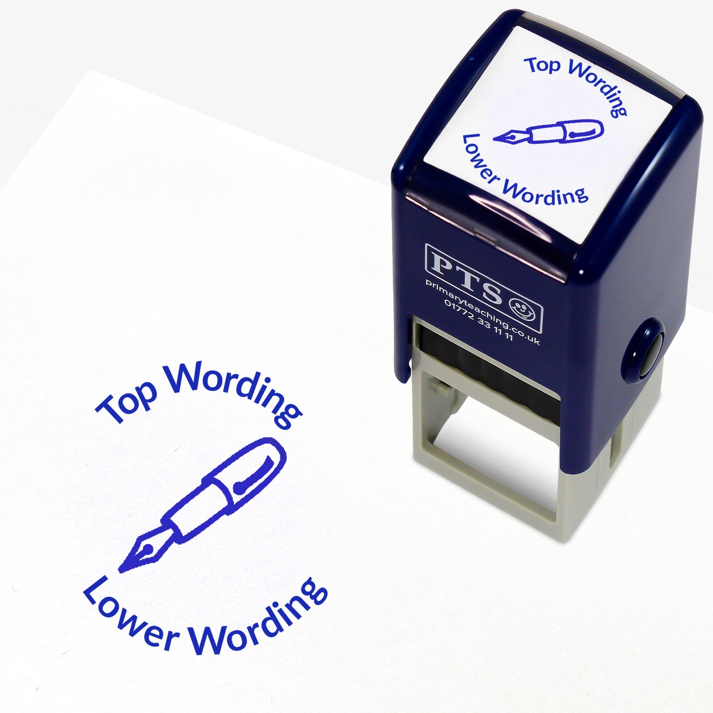 A 25mm round pre-inked teacher stamper with blue ink, featuring an outline of a fountain pen, curving above the image is space for personalisation 'Top Wording' and curving below the image is space for personalisation 'Lower Wording' in a clear, bold font.