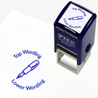 A 25mm round pre-inked teacher stamper with blue ink, featuring an outline of a fountain pen, curving above the image is space for personalisation 'Top Wording' and curving below the image is space for personalisation 'Lower Wording' in a clear, bold font.